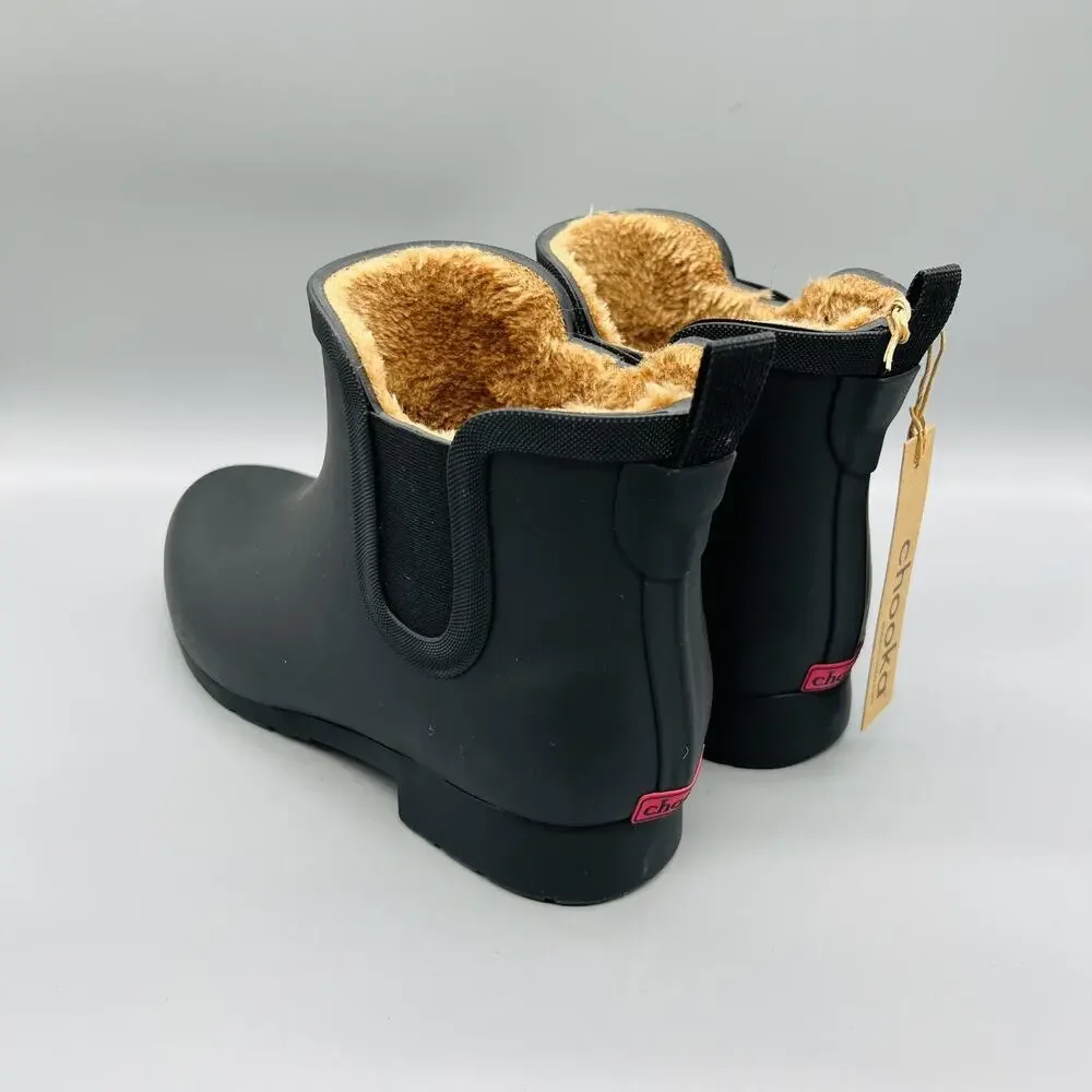 Chooka Boots Womens 10 Black Rubber Ankle Faux Fur Lined Rain Booties Shoes